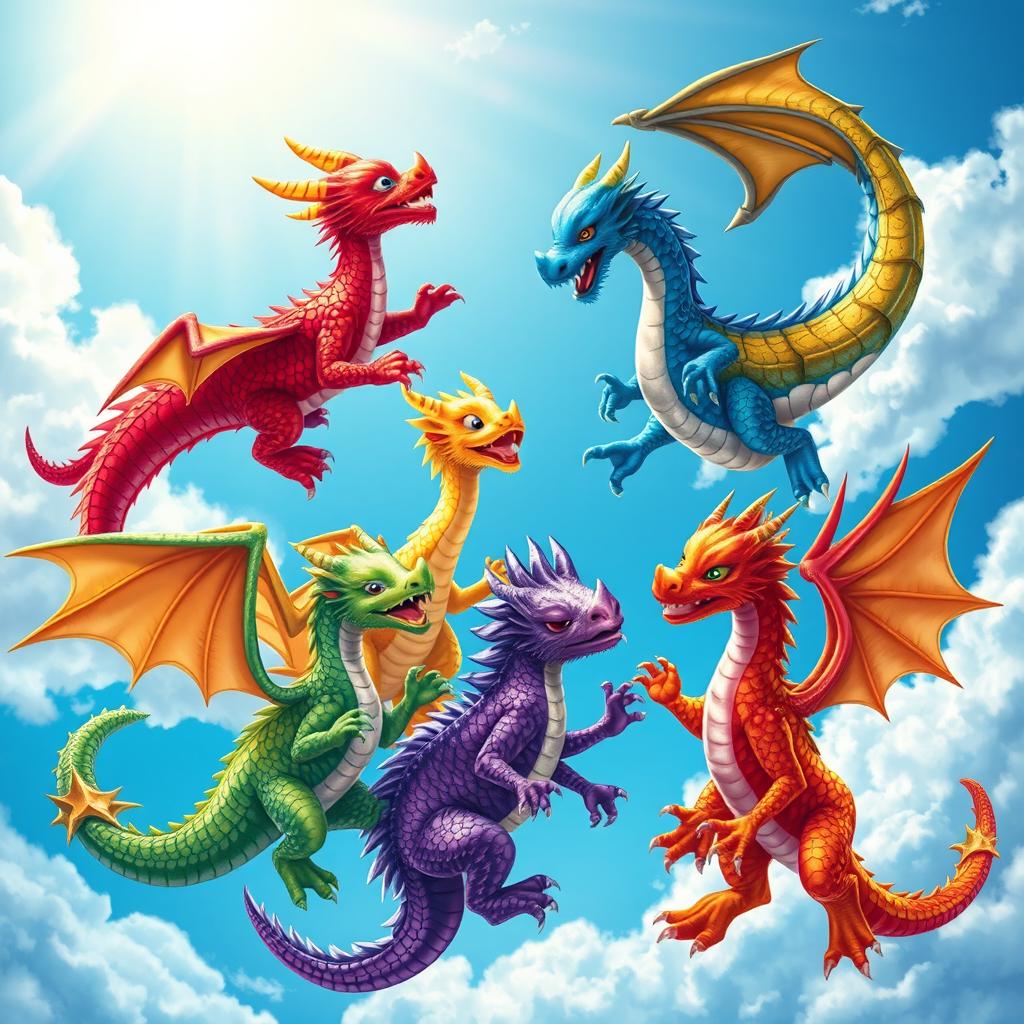 A fantastical scene depicting six playful, colorful dragons swirling around each other in a bright blue sky, with vivid clouds and sun rays shining through