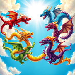 A fantastical scene depicting six playful, colorful dragons swirling around each other in a bright blue sky, with vivid clouds and sun rays shining through