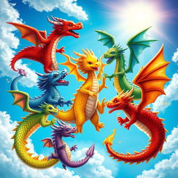 A fantastical scene depicting six playful, colorful dragons swirling around each other in a bright blue sky, with vivid clouds and sun rays shining through