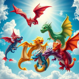A fantastical scene depicting six playful, colorful dragons swirling around each other in a bright blue sky, with vivid clouds and sun rays shining through