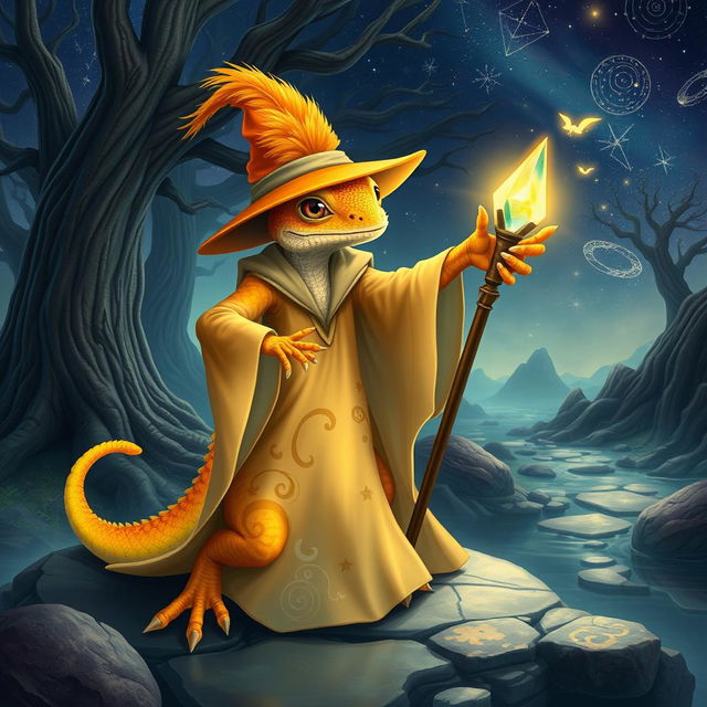 An enchanting orange and yellow gecko wizard casting spells, dressed in a long, flowing robe that features swirling patterns of stars and magical symbols