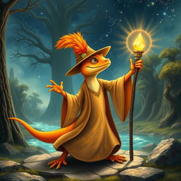 An enchanting orange and yellow gecko wizard casting spells, dressed in a long, flowing robe that features swirling patterns of stars and magical symbols