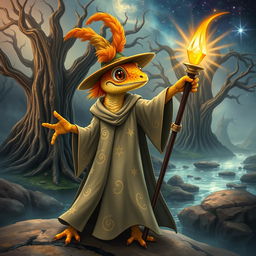 An enchanting orange and yellow gecko wizard casting spells, dressed in a long, flowing robe that features swirling patterns of stars and magical symbols