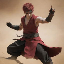 In the heart of the desert warfare, the distinctive figure Gaara, with his short red hair, boldly raises his arms to summon a tremendous sandstorm. As this force of nature engulfs the battlefield, he leads the victorious Egyptian cavalry.