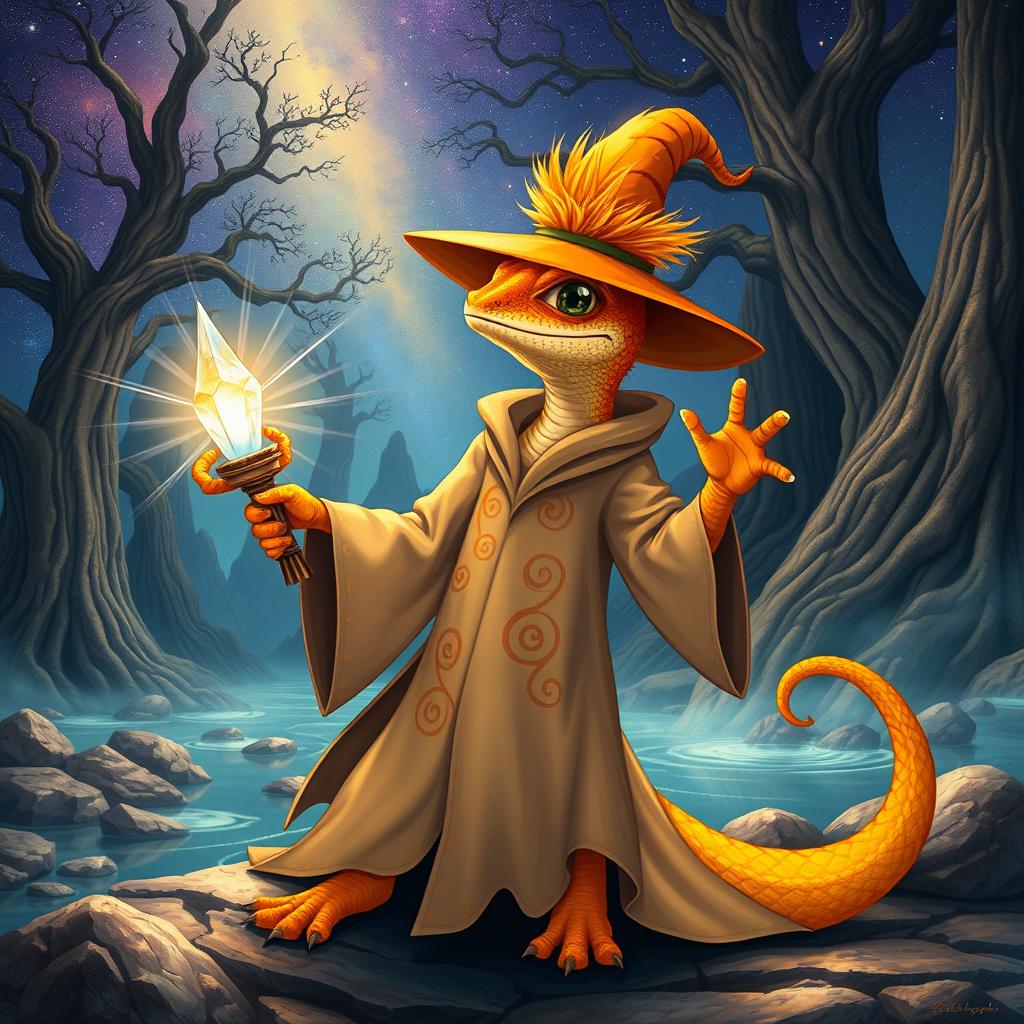 An enchanting orange and yellow gecko wizard casting spells, dressed in a long, flowing robe that features swirling patterns of stars and magical symbols