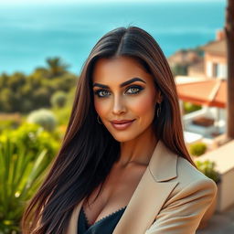 An elegant Mediterranean brunette woman aged 40, with glowing tanned skin and long, straight hair that radiates sophistication