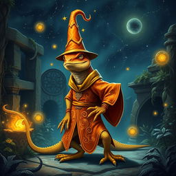 A striking orange and yellow lizard wizard standing confidently, adorned in a magnificent robe embellished with intricate magical symbols and patterns that swirl around it