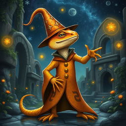 A striking orange and yellow lizard wizard standing confidently, adorned in a magnificent robe embellished with intricate magical symbols and patterns that swirl around it