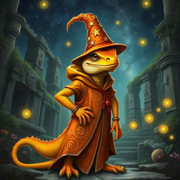 A striking orange and yellow lizard wizard standing confidently, adorned in a magnificent robe embellished with intricate magical symbols and patterns that swirl around it