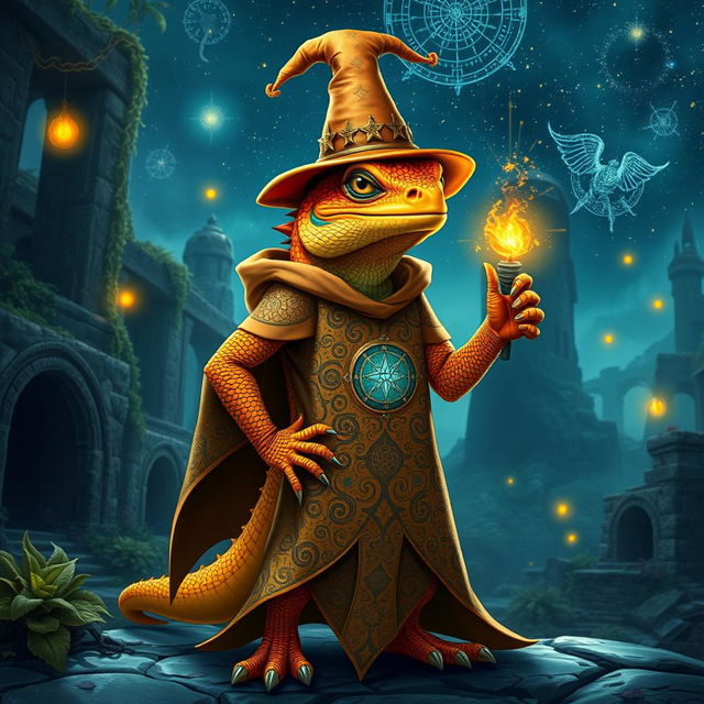 A striking orange and yellow lizard wizard standing confidently, adorned in a magnificent robe embellished with intricate magical symbols and patterns that swirl around it