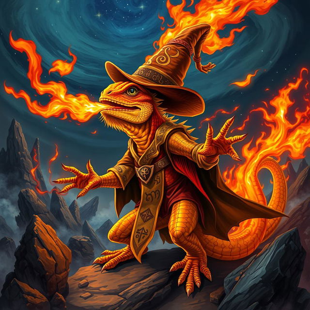 A powerful orange and yellow lizard wizard, in a dramatic pose, exhaling a fiery breath that cascades in vibrant flames