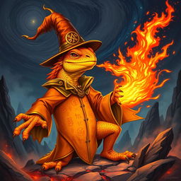 A powerful orange and yellow lizard wizard, in a dramatic pose, exhaling a fiery breath that cascades in vibrant flames