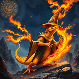 A powerful orange and yellow lizard wizard, in a dramatic pose, exhaling a fiery breath that cascades in vibrant flames