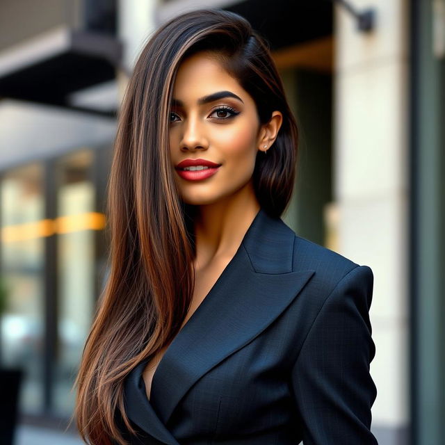 An attractive Mediterranean brunette woman aged 30, showcasing her stunning tanned skin and long, straight hair styled elegantly