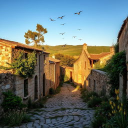 An abandoned village in Portugal, showcasing weathered stone houses with rustic charm, overgrown vines creeping up the walls, and a cobblestone street lined with wildflowers