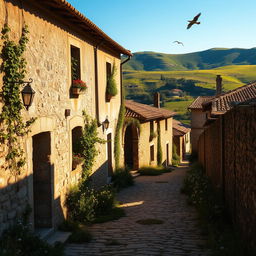 An abandoned village in Portugal, showcasing weathered stone houses with rustic charm, overgrown vines creeping up the walls, and a cobblestone street lined with wildflowers