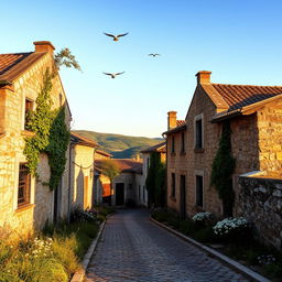 An abandoned village in Portugal, showcasing weathered stone houses with rustic charm, overgrown vines creeping up the walls, and a cobblestone street lined with wildflowers