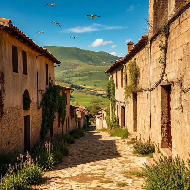 An abandoned village in Portugal, showcasing weathered stone houses with rustic charm, overgrown vines creeping up the walls, and a cobblestone street lined with wildflowers