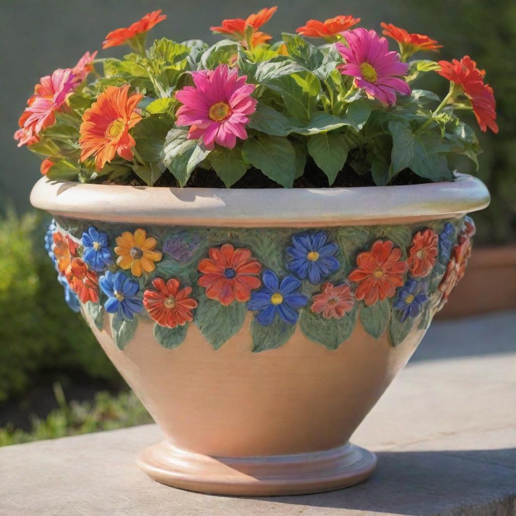 A beautifully crafted ceramic flower pot, housing a vibrant selection of blooming flowers under the soft morning sunlight.