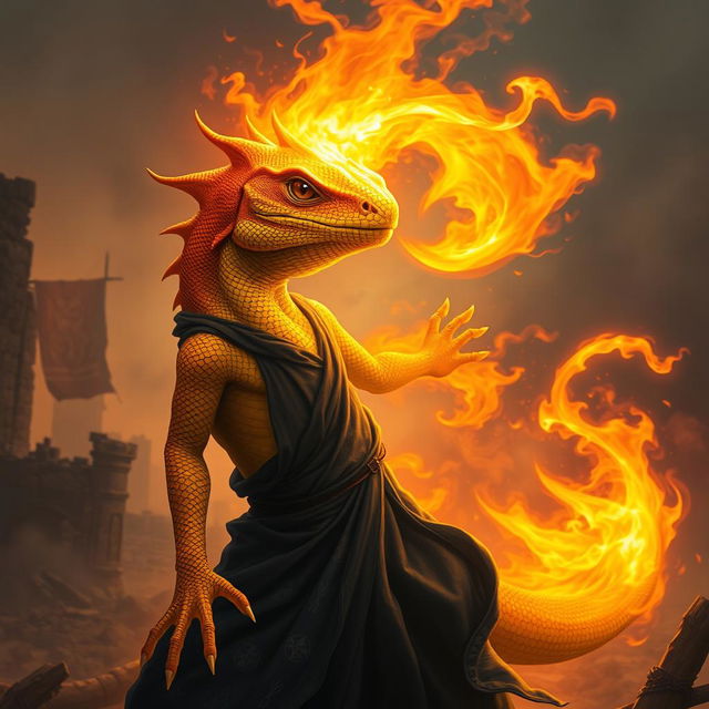 A formidable orange and yellow lizard warlock, dramatically breathing fire, with its scales shimmering in striking hues of orange and yellow