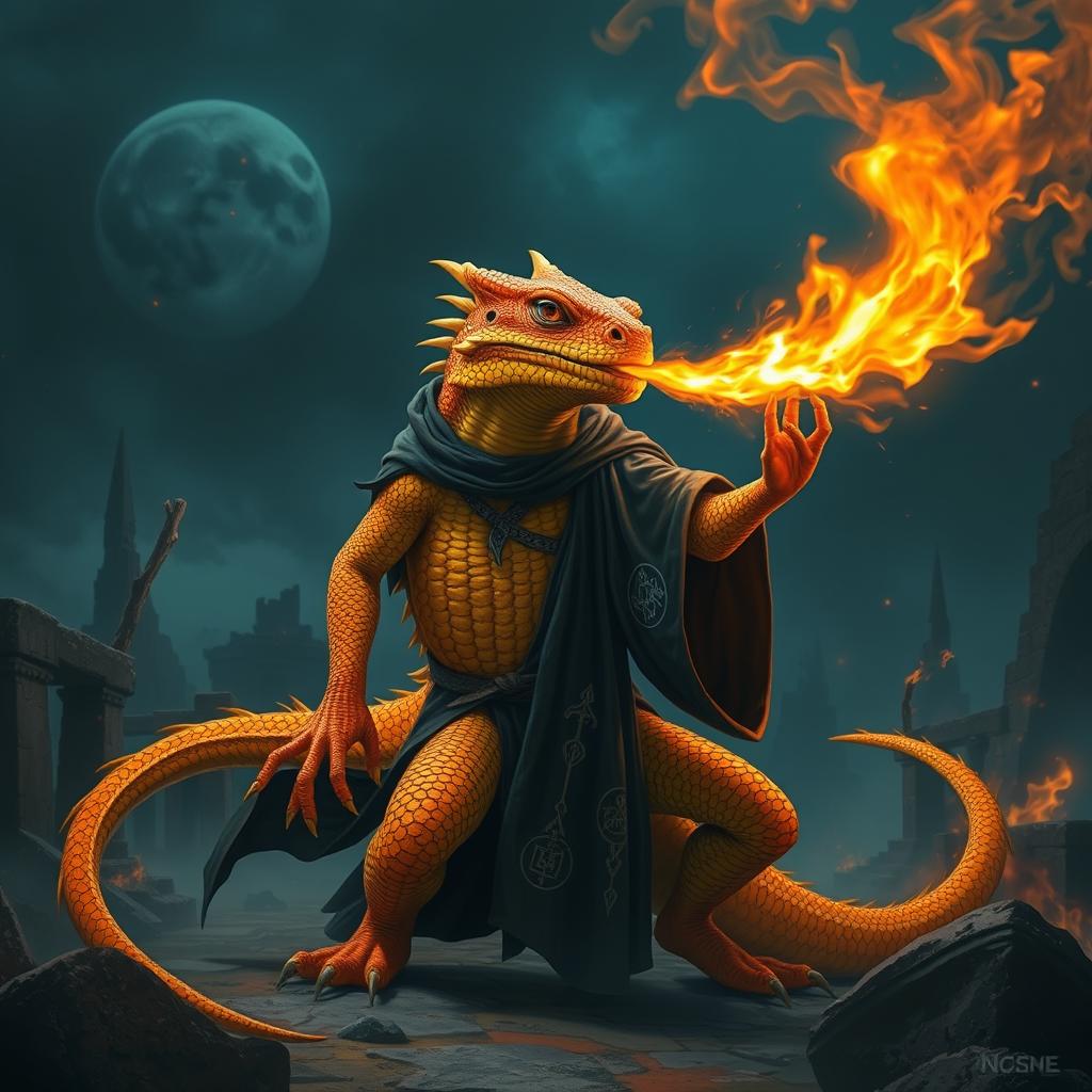 A formidable orange and yellow lizard warlock, dramatically breathing fire, with its scales shimmering in striking hues of orange and yellow