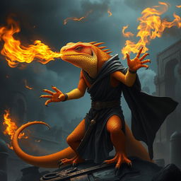 A formidable orange and yellow lizard warlock, dramatically breathing fire, with its scales shimmering in striking hues of orange and yellow