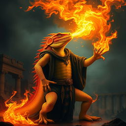 A formidable orange and yellow lizard warlock, dramatically breathing fire, with its scales shimmering in striking hues of orange and yellow