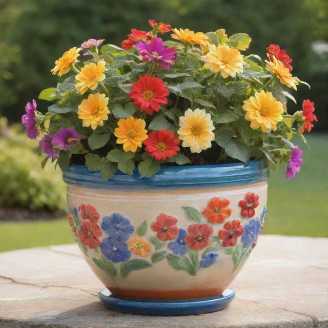 A beautifully crafted ceramic flower pot, housing a vibrant selection of blooming flowers under the soft morning sunlight.