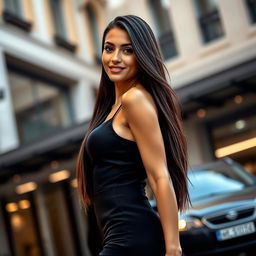 An alluring Mediterranean brunette woman aged 30, displaying her sun-kissed tanned skin and long, straight hair styled sleekly