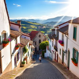 A beautiful village in Portugal featuring charming cobblestone streets, quaint whitewashed houses with colorful shutters, and vibrant flower pots adorning the windowsills