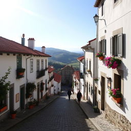 A beautiful village in Portugal featuring charming cobblestone streets, quaint whitewashed houses with colorful shutters, and vibrant flower pots adorning the windowsills