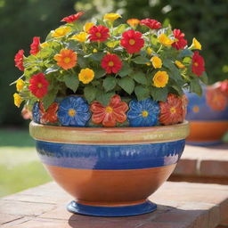 A beautifully crafted ceramic flower pot, housing a vibrant selection of blooming flowers under the soft morning sunlight.