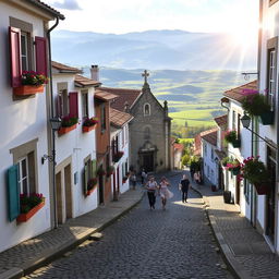 A beautiful village in Portugal featuring charming cobblestone streets, quaint whitewashed houses with colorful shutters, and vibrant flower pots adorning the windowsills