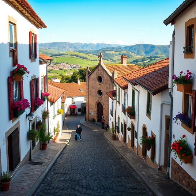 A beautiful village in Portugal featuring charming cobblestone streets, quaint whitewashed houses with colorful shutters, and vibrant flower pots adorning the windowsills