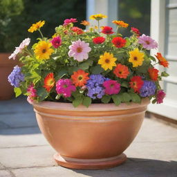 A beautifully crafted ceramic flower pot, housing a vibrant selection of blooming flowers under the soft morning sunlight.