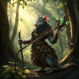 A graceful feminine rat druid, elegantly posed in a lush forest setting, wearing intricately designed armor made of intertwining wood and leaves