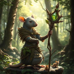 A graceful feminine rat druid, elegantly posed in a lush forest setting, wearing intricately designed armor made of intertwining wood and leaves