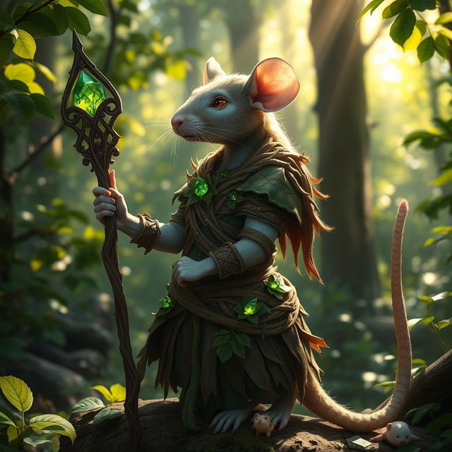 A graceful feminine rat druid, elegantly posed in a lush forest setting, wearing intricately designed armor made of intertwining wood and leaves