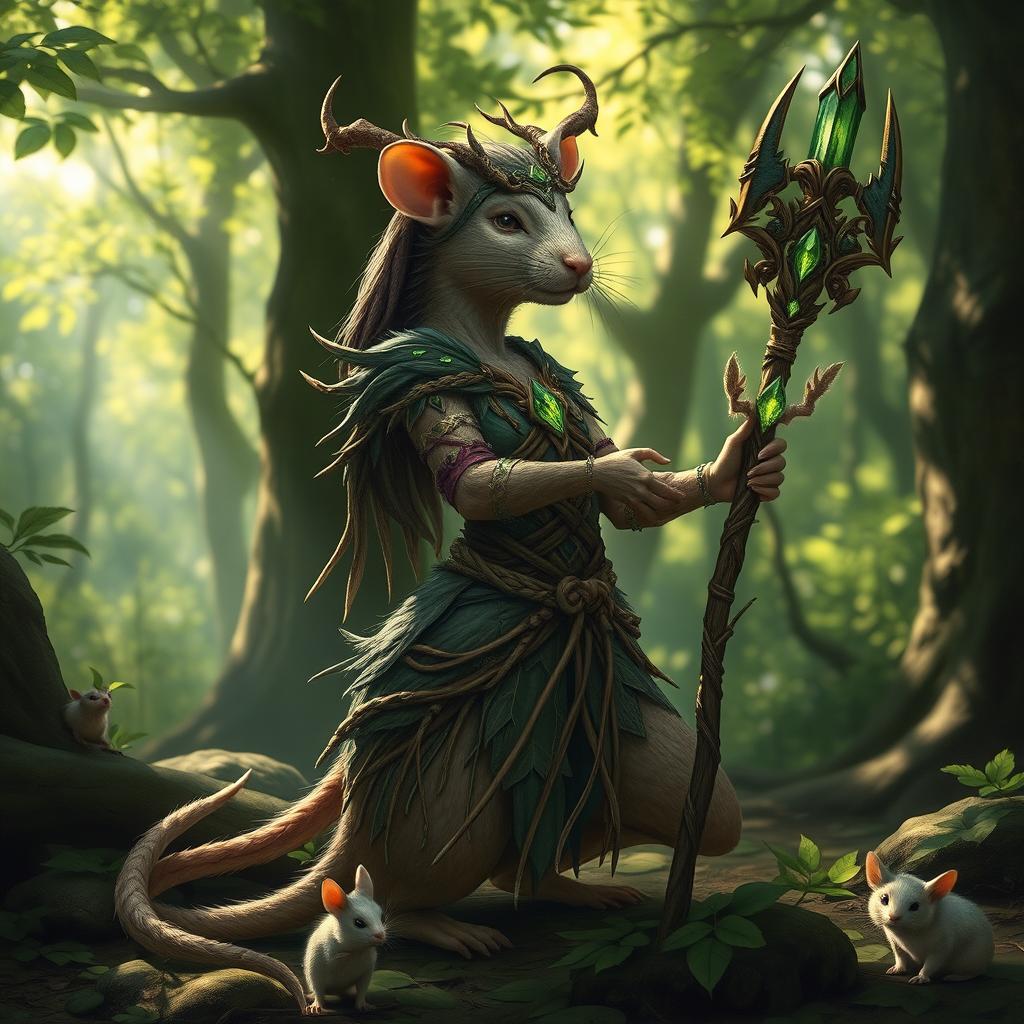 A graceful feminine rat druid, elegantly posed in a lush forest setting, wearing intricately designed armor made of intertwining wood and leaves