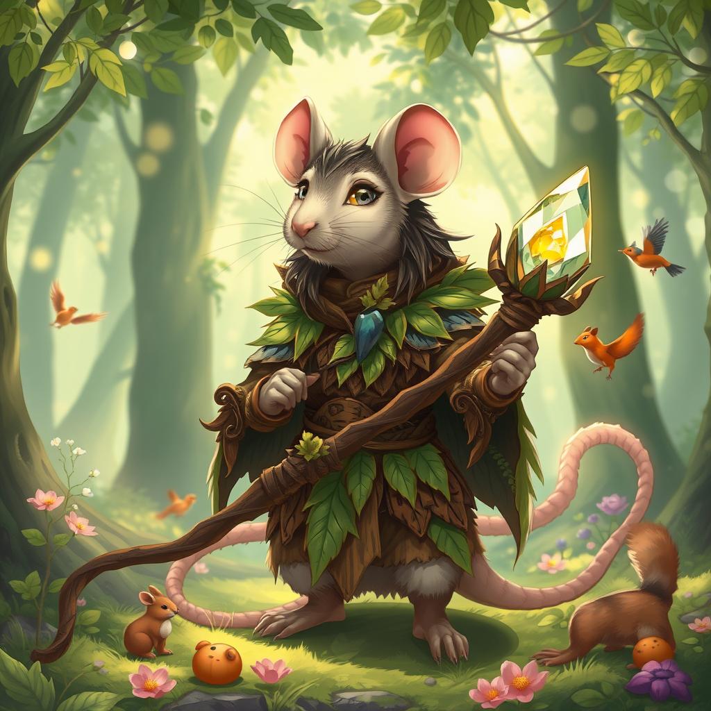 A vibrant and whimsical feminine rat druid, illustrated in a fantasy anime style, wearing intricately crafted armor made of wood and leaves