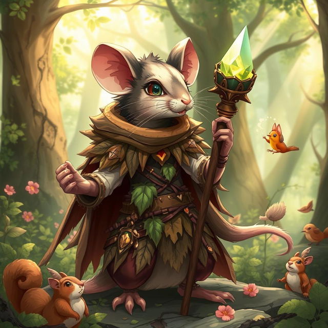 A vibrant and whimsical feminine rat druid, illustrated in a fantasy anime style, wearing intricately crafted armor made of wood and leaves