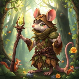 A vibrant and whimsical feminine rat druid, illustrated in a fantasy anime style, wearing intricately crafted armor made of wood and leaves