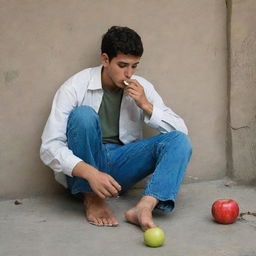 An Iranian teenager stubbing out a cigarette under his foot and biting into an apple.