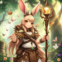 A beautiful feminine rabbit druid illustrated in a fantasy anime style, adorned in intricately detailed armor crafted from wood and leaves
