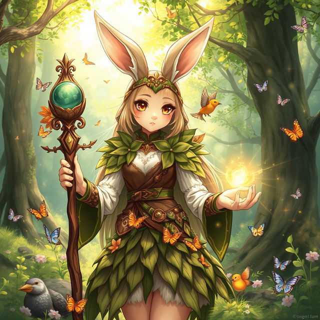 A beautiful feminine rabbit druid illustrated in a fantasy anime style, adorned in intricately detailed armor crafted from wood and leaves