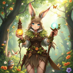 A beautiful feminine rabbit druid illustrated in a fantasy anime style, adorned in intricately detailed armor crafted from wood and leaves
