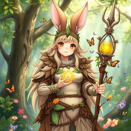 A beautiful feminine rabbit druid illustrated in a fantasy anime style, adorned in intricately detailed armor crafted from wood and leaves