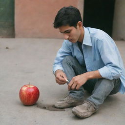 An Iranian teenager stubbing out a cigarette under his foot and biting into an apple.