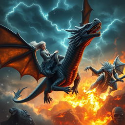 A dramatic fantasy poster depicting Daenerys Targaryen riding her fierce dragon, Drogon, soaring into battle against the menacing Night King who is riding his undead dragon