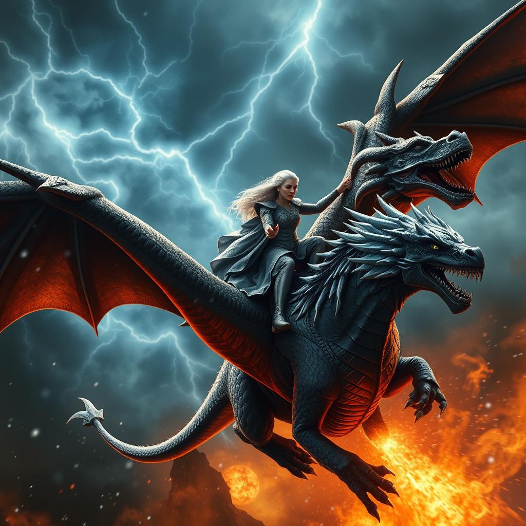 A dramatic fantasy poster depicting Daenerys Targaryen riding her fierce dragon, Drogon, soaring into battle against the menacing Night King who is riding his undead dragon